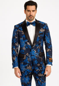 Mens Royal Blue and Gold 2 Button Paisley Tuxedo