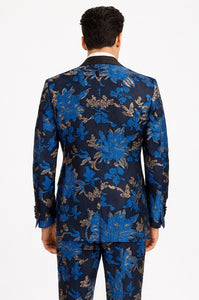 Mens Royal Blue and Gold 2 Button Paisley Tuxedo