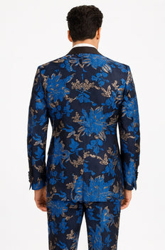 Mens Royal Blue and Gold 2 Button Paisley Tuxedo
