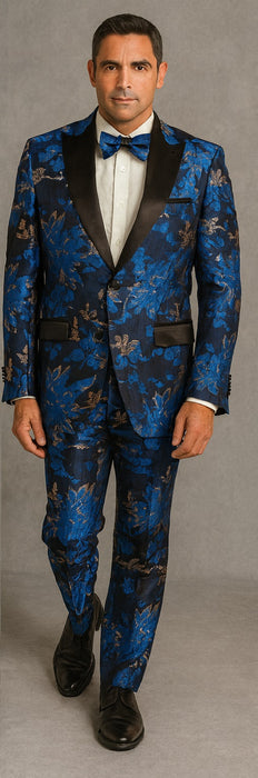 Mens Royal Blue and Gold 2 Button Paisley Tuxedo