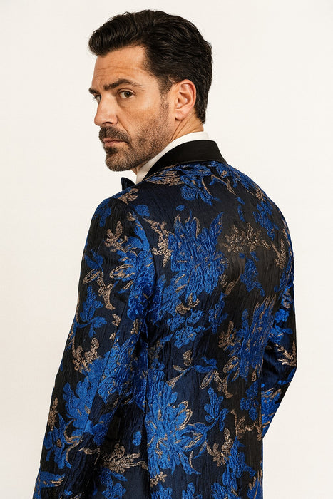 Mens Royal Blue and Gold 2 Button Paisley Tuxedo