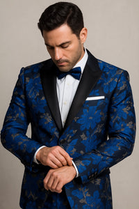 Mens Royal Blue and Gold 2 Button Paisley Tuxedo