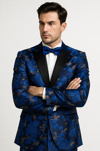 Mens Royal Blue and Gold 2 Button Paisley Tuxedo