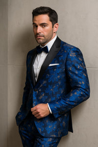 Mens Royal Blue and Gold 2 Button Paisley Tuxedo