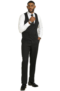 Mens Stacy Adams Modern Fit Vested Suit in Black Tonal Shadown Pinstripe