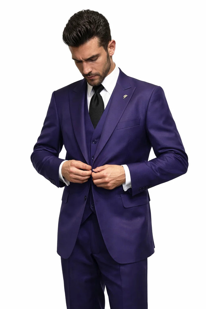 Mens Suits Brand 3 Piece Fashion Suits Vett Vested Solid Purple