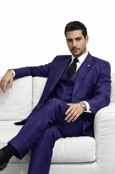 Mens Suits Brand 3 Piece Fashion Suits Vett Vested Solid Purple