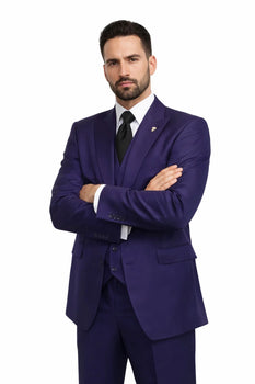 Mens Suits Brand 3 Piece Fashion Suits Vett Vested Solid Purple