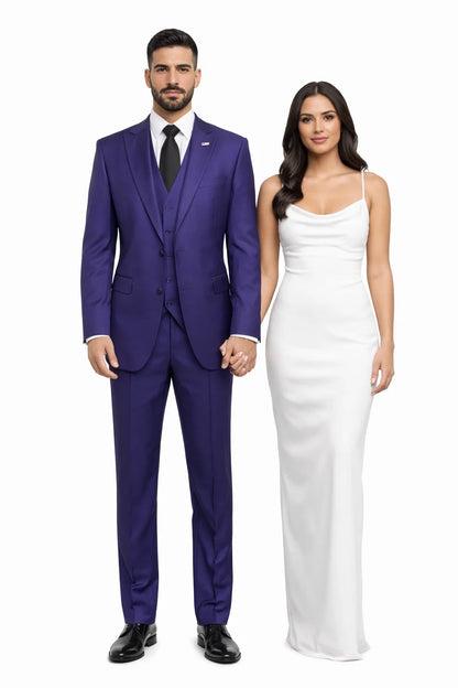 Mens Suits Brand 3 Piece Fashion Suits Vett Vested Solid Purple