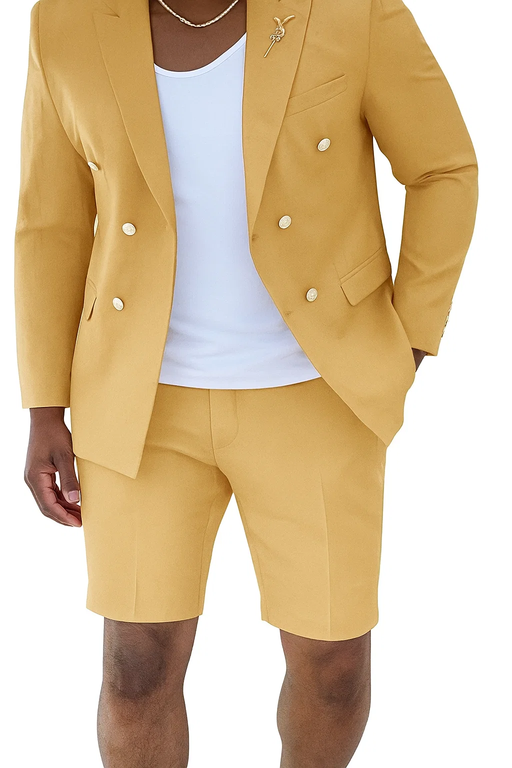 Mens Suits With Shorts - Double breasted Style Champagne With Gold Buttons