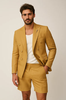 Mens Suits With Shorts - Double breasted Style Champagne With Gold Buttons