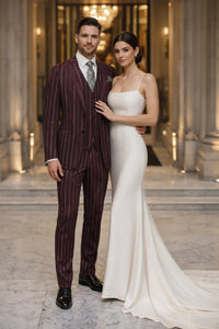 Mens Two Buttons Notch Lapel Burgundy Suit