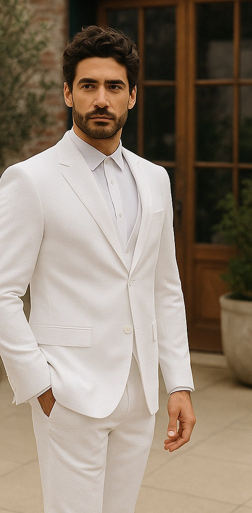 Mens Vested Summer Seersucker Suit in White Pinstripe