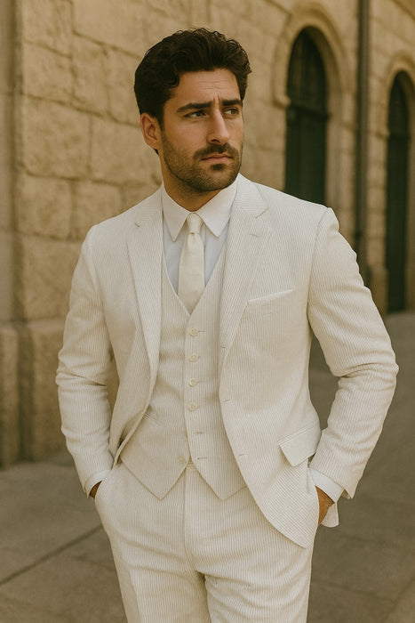Mens Vested Summer Seersucker Suit in White Pinstripe