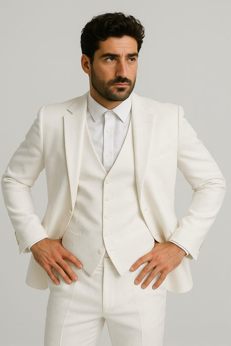 Mens Vested Summer Seersucker Suit in White Pinstripe
