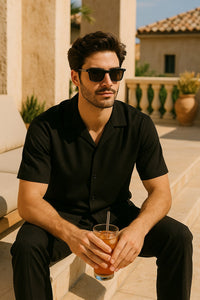 Mens Walking Suits Casual Two Piece Sets Summer Short Sleeve Shirt & Pants Casual Two Piece Mens Walking Outfit For Sale Pant Sets Casual Suit Set Men'S Suit 100% Mens Linen Suit - Fabric - Black