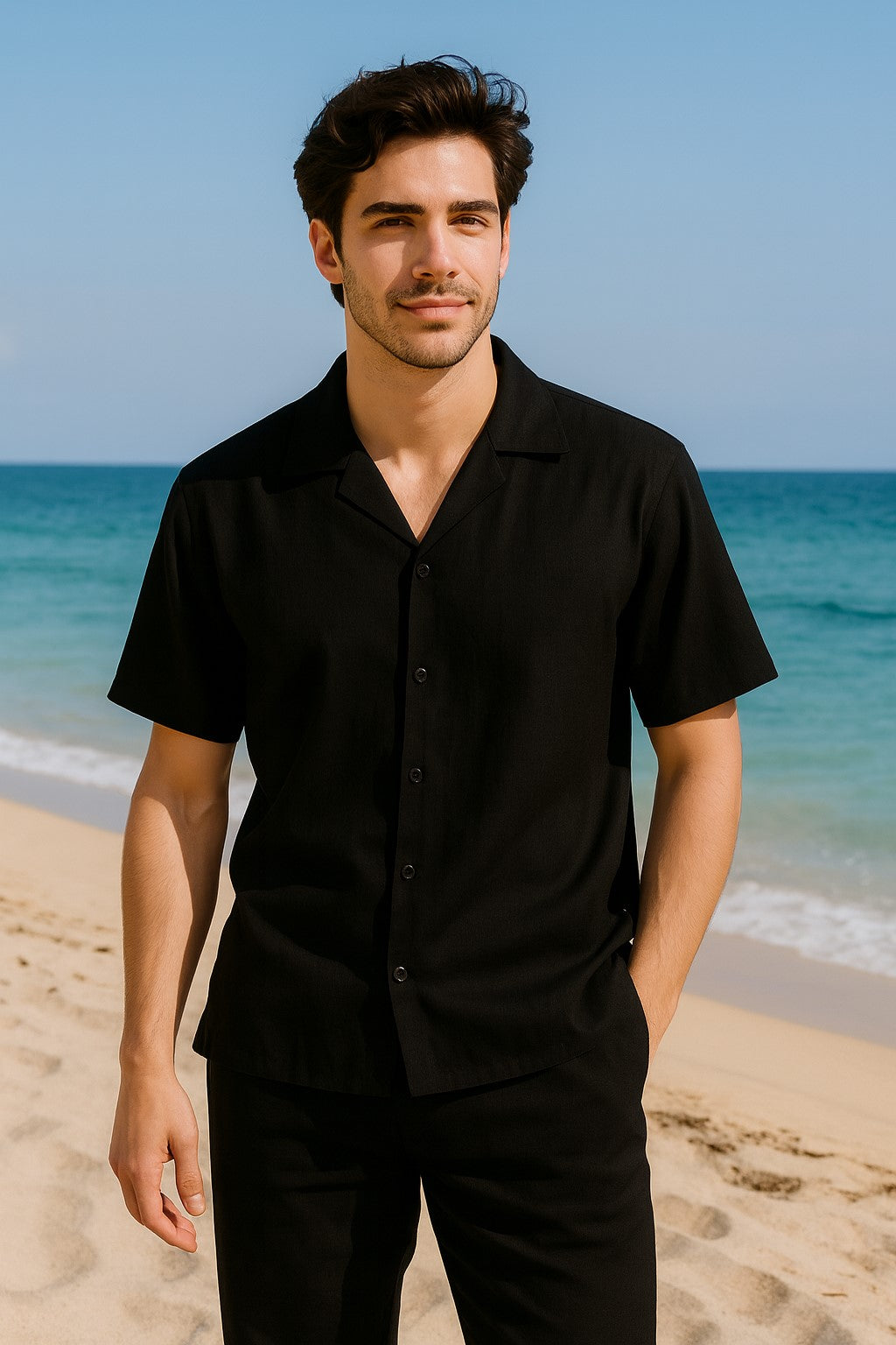 Mens Walking Suits Plus Matching Pants Casual Two Piece Sets Summer Short Sleeve Shirt & Pants Casual Two Piece Mens Walking Outfit For Sale Pant Sets Casual Suit Set Men'S Suit 100% Mens Linen Suit - Fabric - Black
