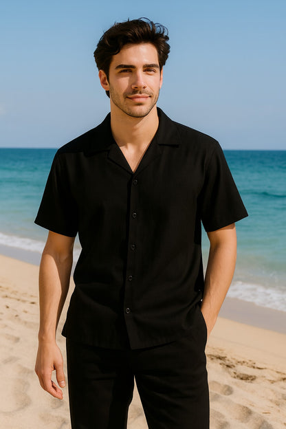 Mens Walking Suits Plus Matching Pants Casual Two Piece Sets Summer Short Sleeve Shirt & Pants Casual Two Piece Mens Walking Outfit For Sale Pant Sets Casual Suit Set Men'S Suit 100% Mens Linen Suit - Fabric - Black