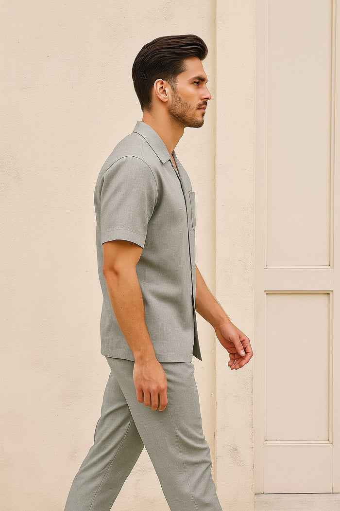 Mens Walking Suits Casual Two Piece Sets Summer Short Sleeve Shirt & Pants Casual Two Piece Mens Walking Outfit For Sale Pant Sets Casual Suit Set Men'S Suit 100% Mens Linen Suit - Fabric – Light Grey