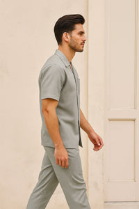 Mens Walking Suits Casual Two Piece Sets Summer Short Sleeve Shirt & Pants Casual Two Piece Mens Walking Outfit For Sale Pant Sets Casual Suit Set Men'S Suit 100% Mens Linen Suit - Fabric – Light Grey