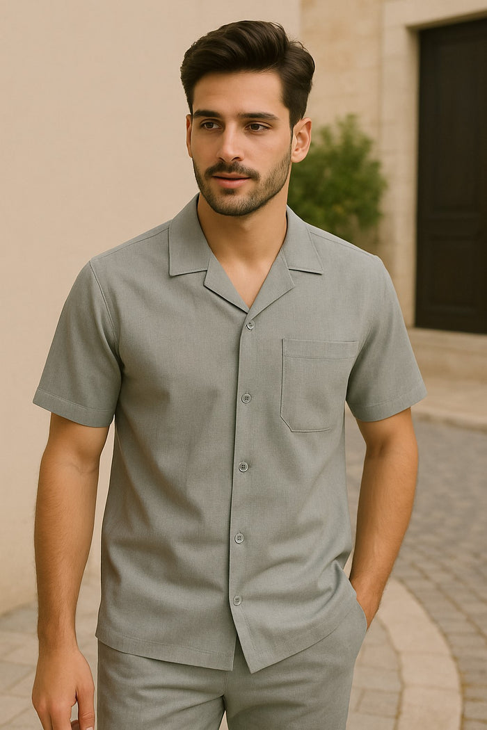 Mens Walking Suits Casual Two Piece Sets Summer Short Sleeve Shirt & Pants Casual Two Piece Mens Walking Outfit For Sale Pant Sets Casual Suit Set Men'S Suit 100% Mens Linen Suit - Fabric – Light Grey