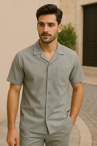 Mens Walking Suits Casual Two Piece Sets Summer Short Sleeve Shirt & Pants Casual Two Piece Mens Walking Outfit For Sale Pant Sets Casual Suit Set Men'S Suit 100% Mens Linen Suit - Fabric – Light Grey