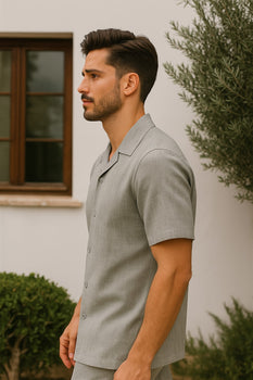 Mens Walking Suits Casual Two Piece Sets Summer Short Sleeve Shirt & Pants Casual Two Piece Mens Walking Outfit For Sale Pant Sets Casual Suit Set Men'S Suit 100% Mens Linen Suit - Fabric – Light Grey