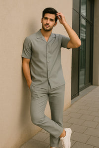 Mens Walking Suits Casual Two Piece Sets Summer Short Sleeve Shirt & Pants Casual Two Piece Mens Walking Outfit For Sale Pant Sets Casual Suit Set Men'S Suit 100% Mens Linen Suit - Fabric – Light Grey