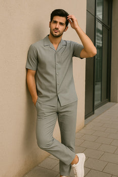 Men's Linen Suit Walking Suits Casual Two Piece Sets Summer Short Sleeve Shirt & Pants Outfit Pants Set 100% Fabric Light Grey Men's Linen Suit Walking Suits Casual Two Piece Sets Summer Short Sleeve Shirt & Pants Outfit Pants Set 100% Fabric Light Grey