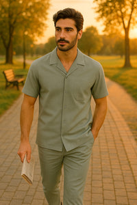 Mens Walking Suits Casual Two Piece Sets Summer Short Sleeve Shirt & Pants Casual Two Piece Mens Walking Outfit For Sale Pant Sets Casual Suit Set Men'S Suit 100% Mens Linen Suit - Fabric – Light Grey