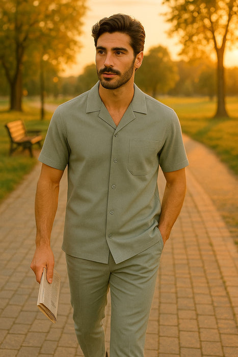 Mens Walking Suits Casual Two Piece Sets Summer Short Sleeve Shirt & Pants Casual Two Piece Mens Walking Outfit For Sale Pant Sets Casual Suit Set Men'S Suit 100% Mens Linen Suit - Fabric – Light Grey