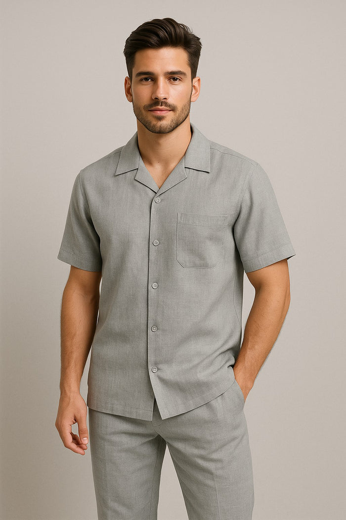 Mens Walking Suits Casual Two Piece Sets Summer Short Sleeve Shirt & Pants Casual Two Piece Mens Walking Outfit For Sale Pant Sets Casual Suit Set Men'S Suit 100% Mens Linen Suit - Fabric – Light Grey