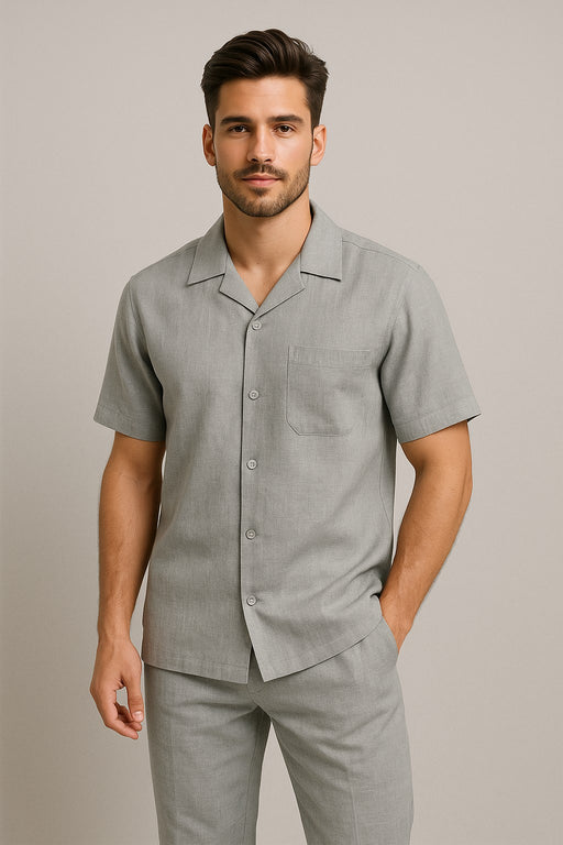 Mens Walking Suits Casual Two Piece Sets Summer Short Sleeve Shirt & Pants Casual Two Piece Mens Walking Outfit For Sale Pant Sets Casual Suit Set Men'S Suit 100% Mens Linen Suit - Fabric – Light Grey