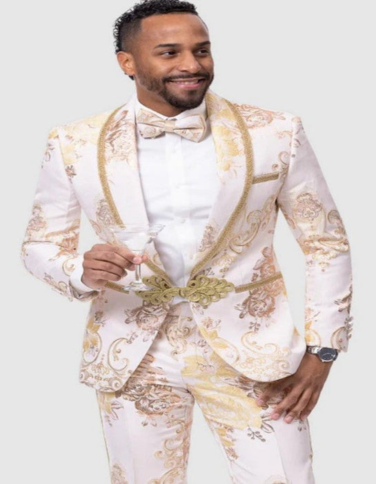 White & Gold Paisley Tuxedo for Men by EJ Samuel