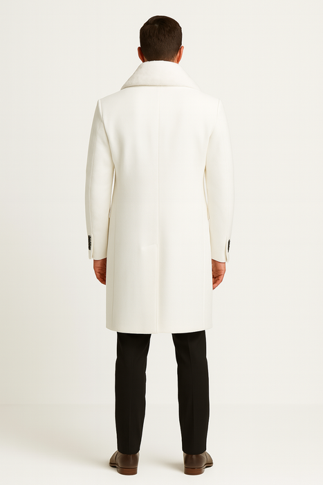 Mens White Wool Overcoat with Plush Faux Fur Shawl Collar – Alberto Nardoni Formal Winter Coat