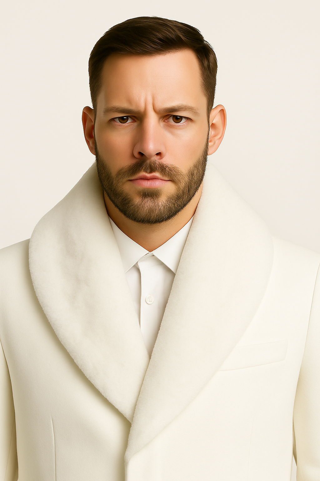 Mens White Wool Overcoat with Plush Faux Fur Shawl Collar – Alberto Nardoni Formal Winter Coat