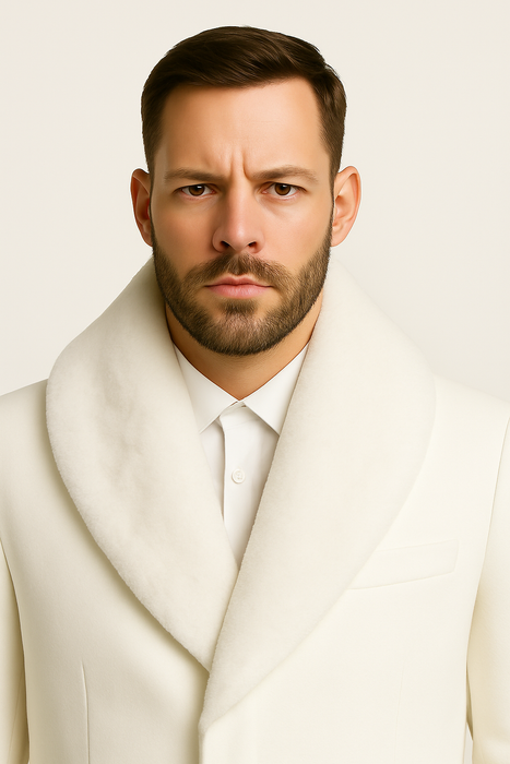 Mens White Wool Overcoat with Plush Faux Fur Shawl Collar – Alberto Nardoni Formal Winter Coat