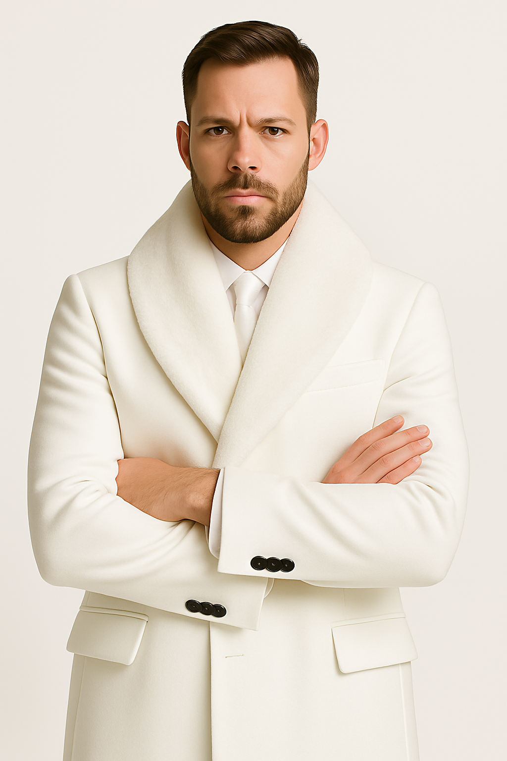 Mens White Wool Overcoat with Plush Faux Fur Shawl Collar – Alberto Nardoni Formal Winter Coat