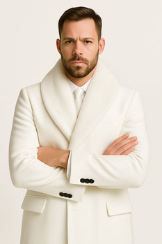 Mens White Wool Overcoat with Plush Faux Fur Shawl Collar – Alberto Nardoni Formal Winter Coat