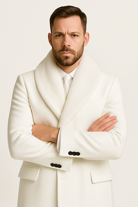 Mens White Wool Overcoat with Plush Faux Fur Shawl Collar – Alberto Nardoni Formal Winter Coat