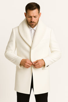 Mens White Wool Overcoat with Plush Faux Fur Shawl Collar – Alberto Nardoni Formal Winter Coat