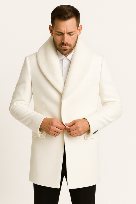 Mens White Wool Overcoat with Plush Faux Fur Shawl Collar – Alberto Nardoni Formal Winter Coat