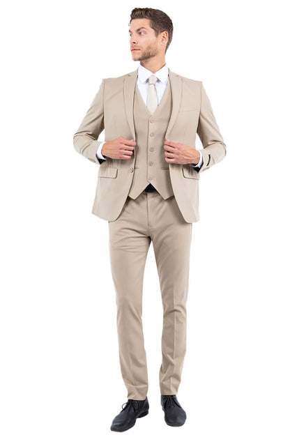 Mens Zegarie Brand Men's One Button Vested Slim Fit Business & Wedding Suit in Tan
