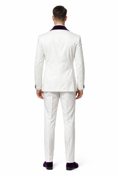 Mens White and Purple Velvet Tuxedo Suit – 3 Piece Shawl Lapel Wedding Prom Set
