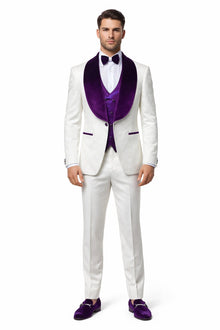 Mens White and Purple Velvet Tuxedo Suit – 3 Piece Shawl Lapel Wedding Prom Set