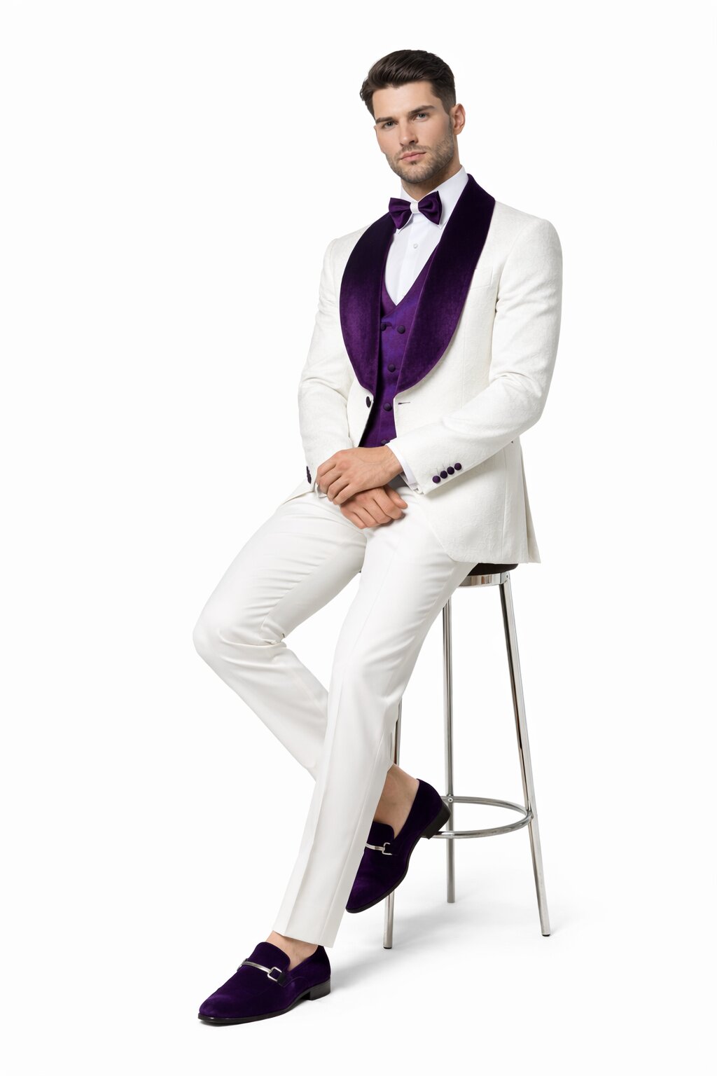 Mens White and Purple Velvet Tuxedo Suit – 3 Piece Shawl Lapel Wedding Prom Set