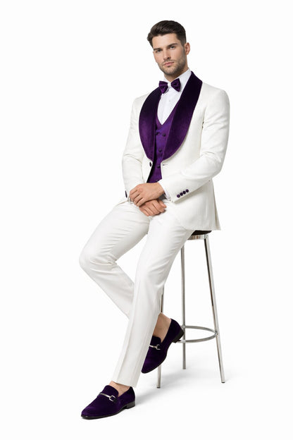 Mens White and Purple Velvet Tuxedo Suit – 3 Piece Shawl Lapel Wedding Prom Set