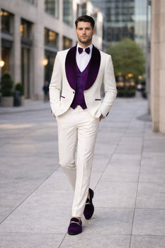 Mens White and Purple Velvet Tuxedo Suit – 3 Piece Shawl Lapel Wedding Prom Set