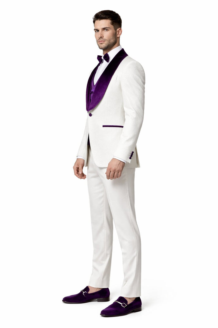 Mens White and Purple Velvet Tuxedo Suit – 3 Piece Shawl Lapel Wedding Prom Set