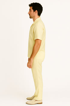 Mens walking suits casual two piece sets Summer Short Sleeve Shirt & Pants Casual Two Piece Mens Walking Outfit For Sale Pant Sets Casual Suit Set Men's Suit 100% Mens Linen Suit - Fabric – Cream